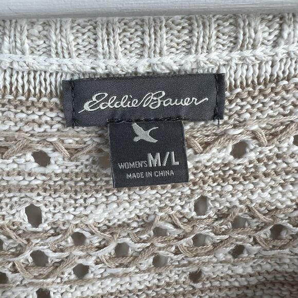 Eddie Bauer Sz M / L Poncho Sweater Beige Open Knit V-neck Short Sleeve Women’s - Picture 3 of 10